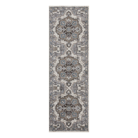 6' Ivory Taupe And Gray Medallion Runner Rug