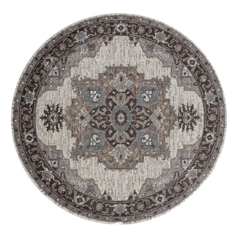 6' Ivory Taupe and Gray Medallion Power Loom Round Rug