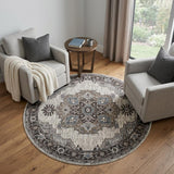 6' Ivory Taupe and Gray Medallion Power Loom Round Rug