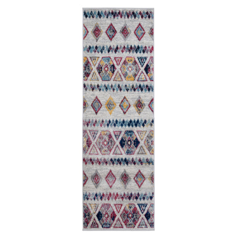 6' Ivory Blue and Orange Geometric Power Loom Runner Rug