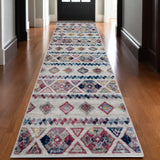 10' Ivory Blue and Orange Geometric Power Loom Runner Rug