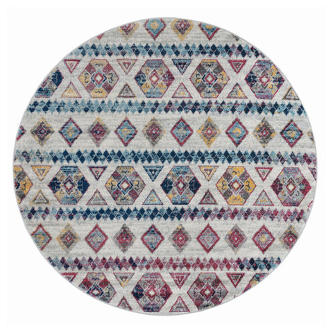 6' Ivory Blue and Orange Geometric Power Loom Round Rug