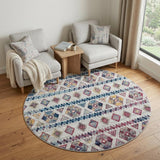 6' Ivory Blue and Orange Geometric Power Loom Round Rug