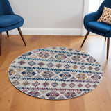 6' Ivory Blue and Orange Geometric Power Loom Round Rug