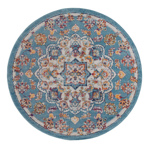 6' Ivory Blue and Orange Medallion Power Loom Round Rug