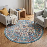 6' Ivory Blue and Orange Medallion Power Loom Round Rug