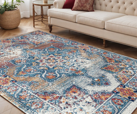 5' X 8' Blue Red and Orange Medallion Power Loom Area Rug