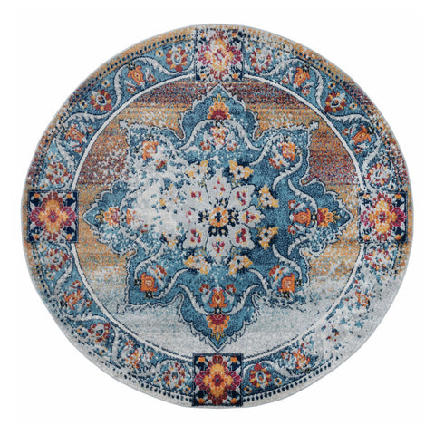 6' Blue Red and Orange Medallion Power Loom Round Rug