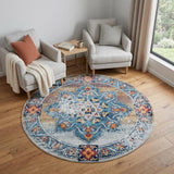 6' Blue Red and Orange Medallion Power Loom Round Rug