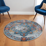 6' Blue Red and Orange Medallion Power Loom Round Rug