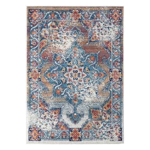 8' X 10' Ivory Blue And Orange Medallion Area Rug