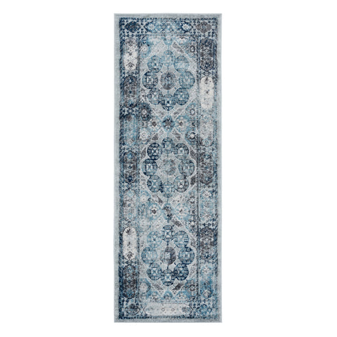 6' Ivory Blue And Gray Medallion Runner Rug