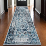 10' Ivory Blue And Gray Medallion Runner Rug