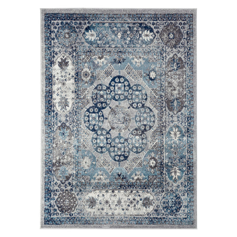 5' X 8' Ivory Blue And Gray Medallion Area Rug