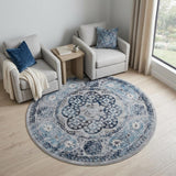 6' Ivory Blue And Gray Medallion Round Rug