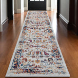 10' Ivory Navy and Orange Floral Power Loom Runner Rug