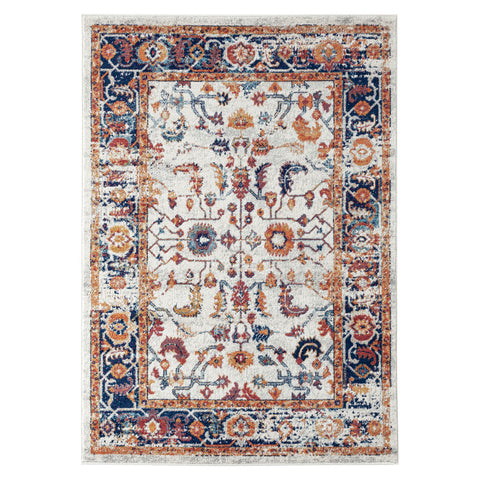 5' X 8' Ivory Navy and Orange Floral Power Loom Area Rug