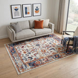 5' X 8' Ivory Navy and Orange Floral Power Loom Area Rug