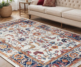 5' X 8' Ivory Navy and Orange Floral Power Loom Area Rug