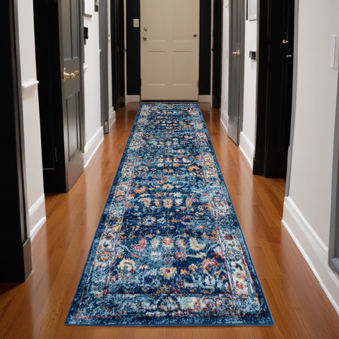 10' Blue Rust and Orange Oriental Power Loom Runner Rug