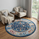 6' Blue Rust and Orange Oriental Power Loom Round Rug
