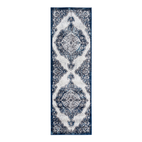 6' Ivory Gray And Blue Medallion Runner Rug