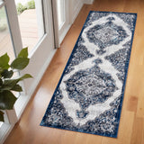 6' Ivory Gray And Blue Medallion Runner Rug