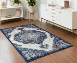 4' X 6' Ivory Gray And Blue Medallion Area Rug