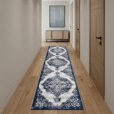 10' Ivory Gray And Blue Medallion Runner Rug