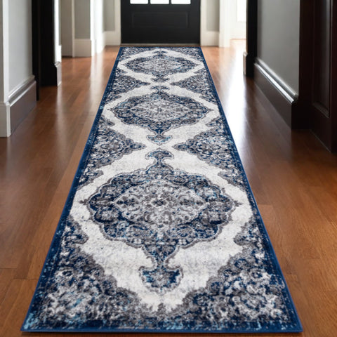 10' Navy and Ivory Medallion Power Loom Runner Rug