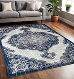5' X 8' Ivory Gray And Blue Medallion Area Rug