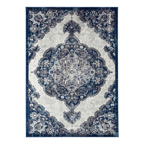 5' X 8' Ivory Gray And Blue Medallion Area Rug