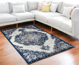 5' X 8' Ivory Gray And Blue Medallion Area Rug