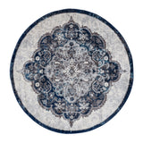 6' Ivory Gray And Blue Medallion Round Rug