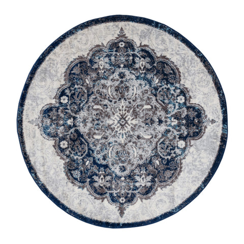 6' Ivory Gray And Blue Medallion Round Rug