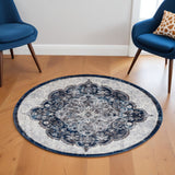 6' Ivory Gray And Blue Medallion Round Rug