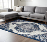 8' X 10' Ivory Gray And Blue Medallion Area Rug