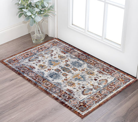 2' X 3' Ivory Brown And Orange Floral Area Rug