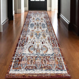 10' Ivory Brown and Orange Floral Power Loom Runner Rug