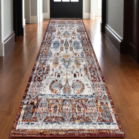 10' Ivory Brown and Orange Floral Power Loom Runner Rug
