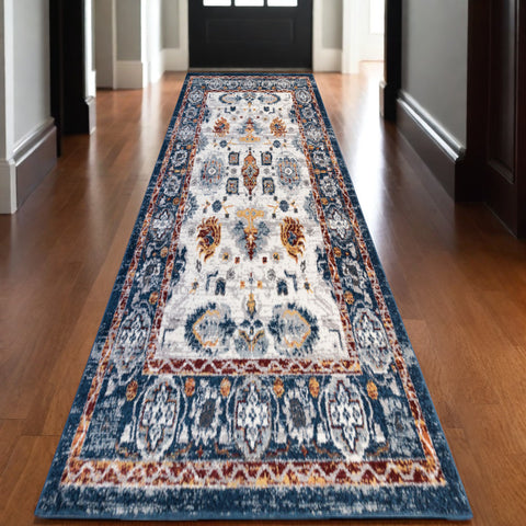 10' Ivory Navy and Orange Floral Power Loom Runner Rug