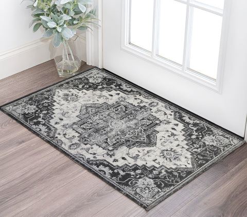2' X 3' Ivory Black And Gray Medallion Area Rug