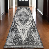 10' Ivory Black and Gray Medallion Power Loom Runner Rug