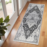 6' Gray And Dark Gray Medallion Runner Rug