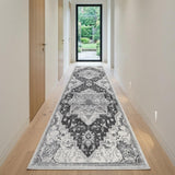 10' Gray And Dark Gray Medallion Runner Rug