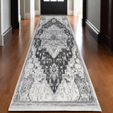 10' Gray and Dark Gray Medallion Power Loom Runner Rug