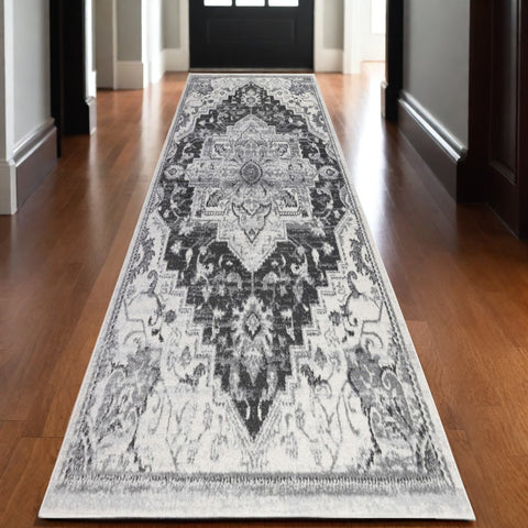 10' Gray and Dark Gray Medallion Power Loom Runner Rug
