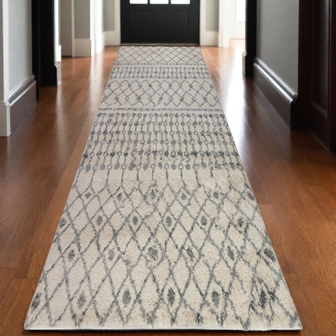 10' Gray And Ivory Geometric Shag Runner Rug