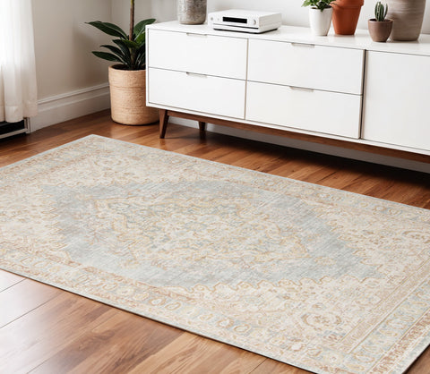 4' X 6' Tan And Gray Medallion Area Rug