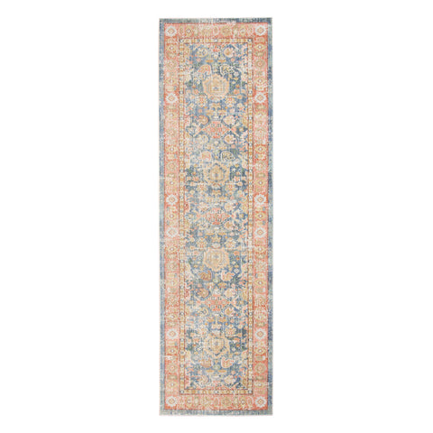 8' Coral And Blue Oriental Runner Rug